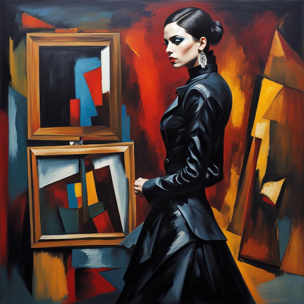 Damaged Art Gallery with Goth Model in Cubist Style