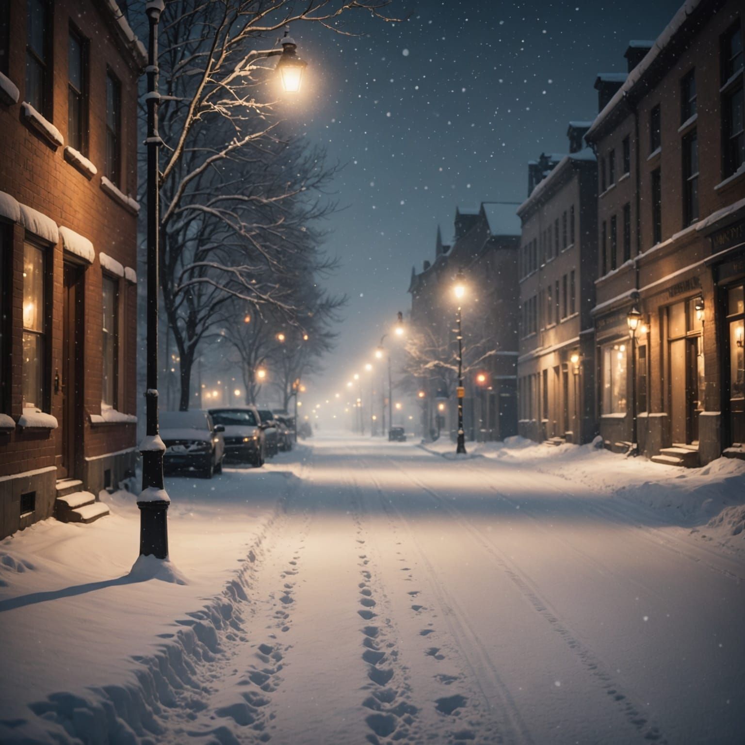 Snowy Night Street Scene With Warm Street Lamp Glow
