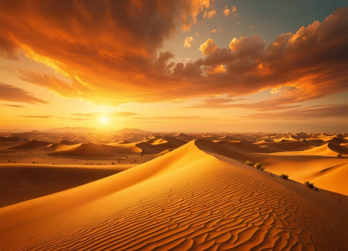 Golden Sunset Over Hyperrealistic Desert Landscape
