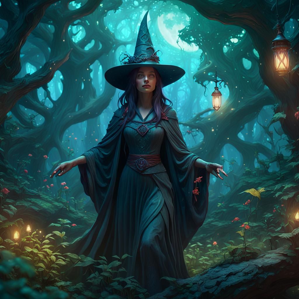 Enchanting Witch in Mystical Forest: Dark Fantasy Art
