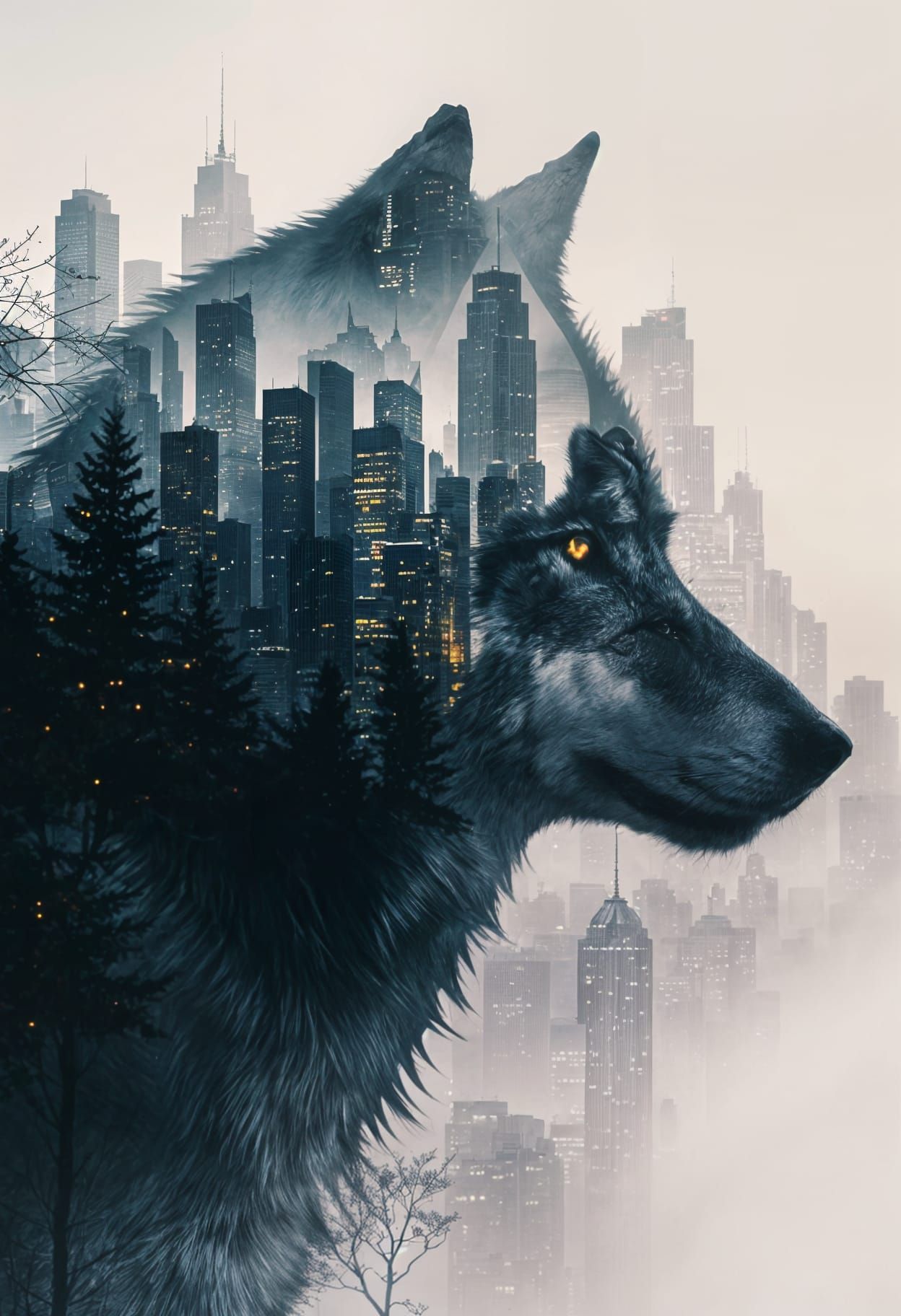Wolf Silhouette Amidst Urban Skyscrapers