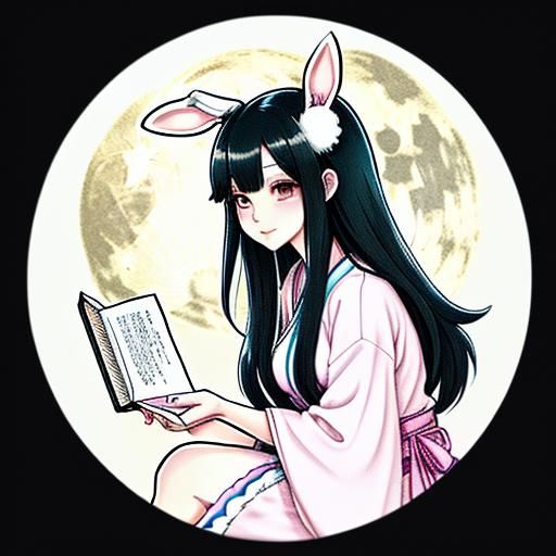 Cute Gothic Bunny-Girl Under Moonlight: Anime Drawing