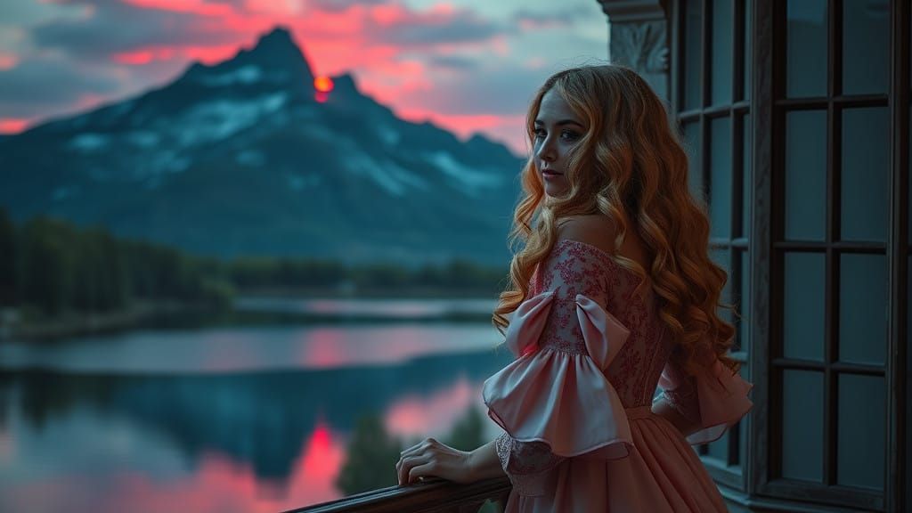 Surreal Sunset Goddess Seeks Castle View in Elegant, Art Dec...