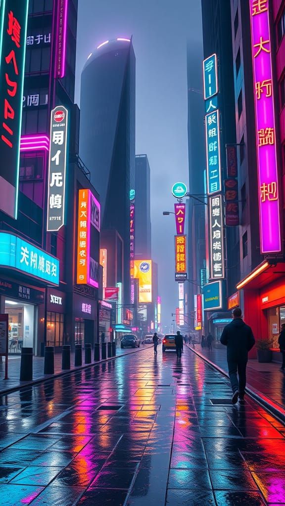 Surreal Cyberpunk Cityscape with Vibrant Neon Lights and Fut...