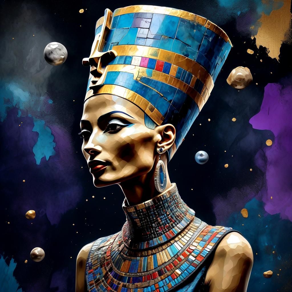 Surreal Nefertiti Portrait in Cosmic Fantasy Collage