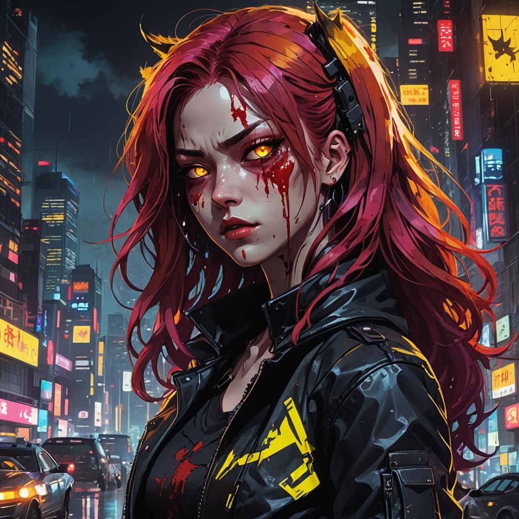Cyberpunk Assassin with Red Hair in Neon City