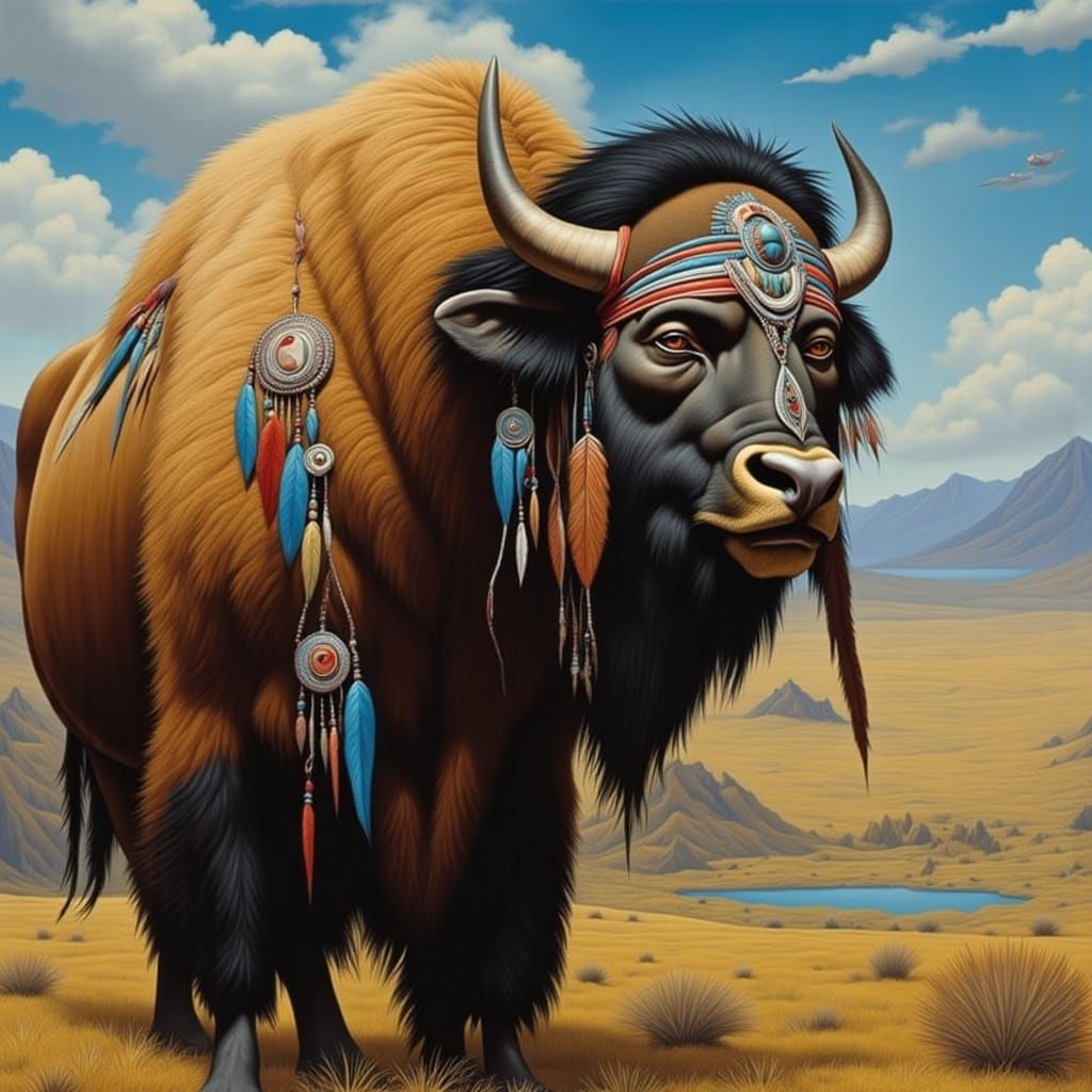 Native American and Bison in Abstract Thunder Style