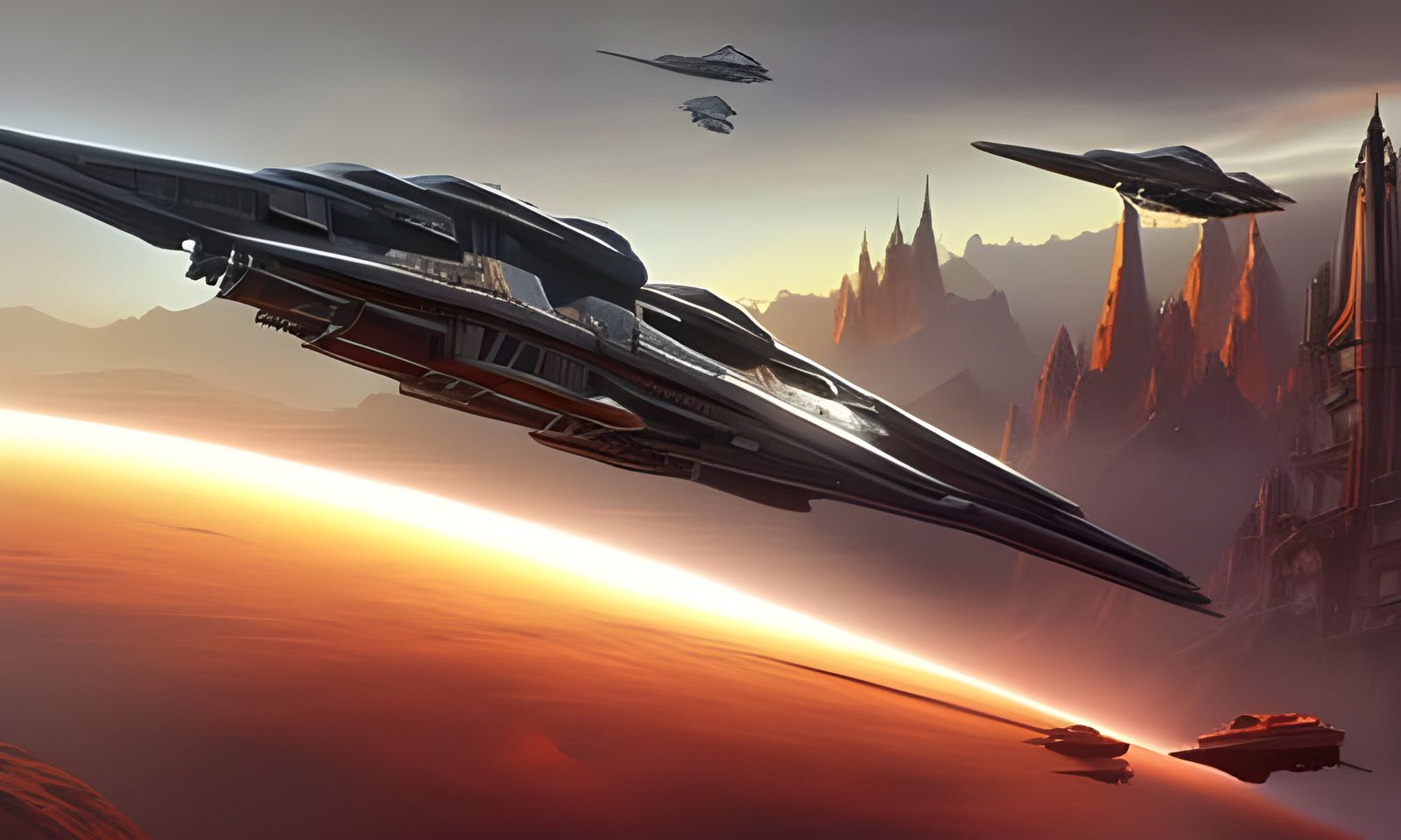 Apocalyptic Steampunk Spacecraft Fleet Approaching Planet