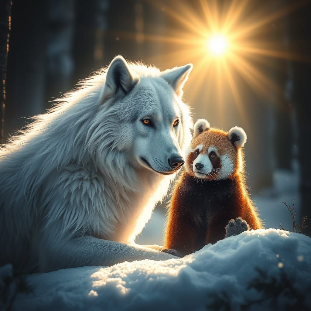 Snow Wolf and Red Panda in Dreamlike Setting