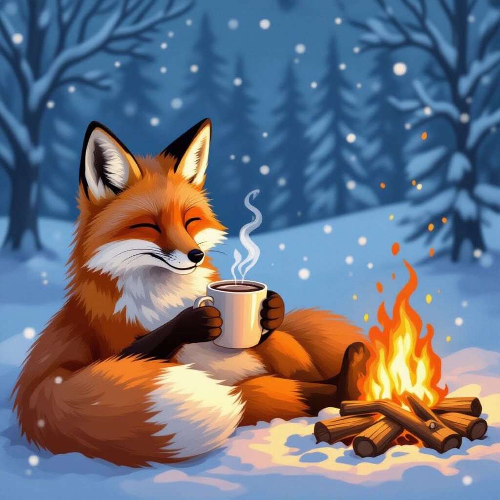 Cozy Fox Relaxing by Fire in Blizzard