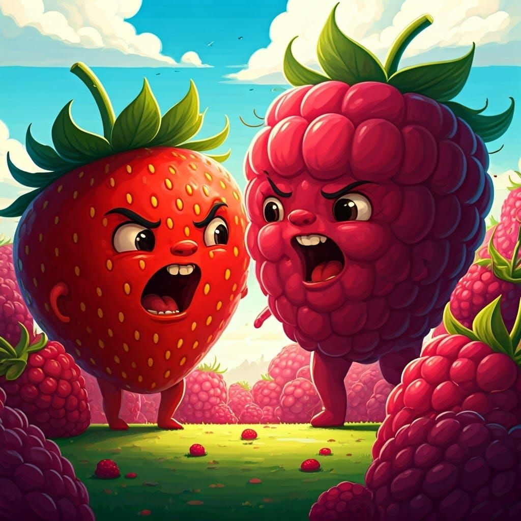 Whimsical Berry Warriors Clash in Vibrant Cartoon Landscapes