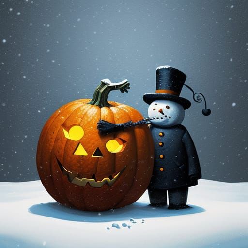 Whimsical Snowman with Pumpkin Head in Dark Fantasy Style