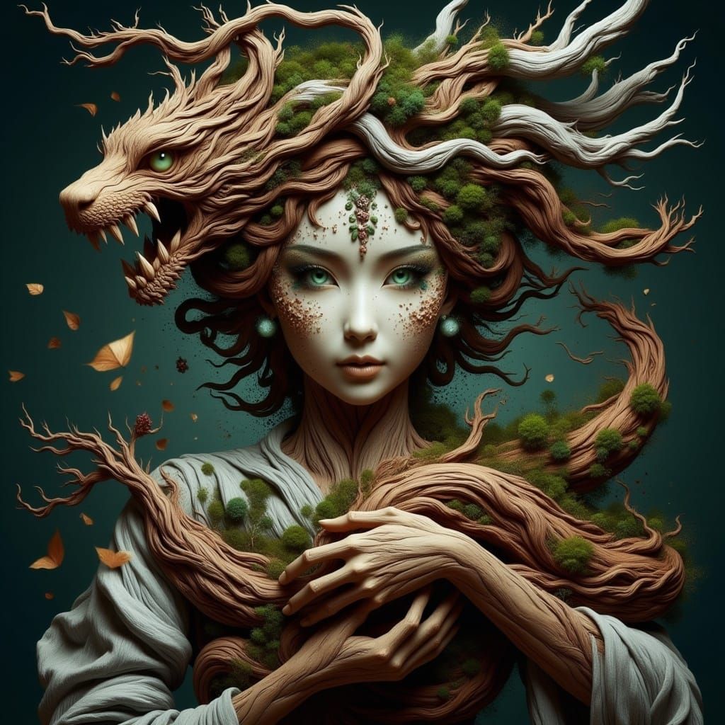 Ethereal Geisha Amidst Vibrant Wood Carvings in a Fantastica...