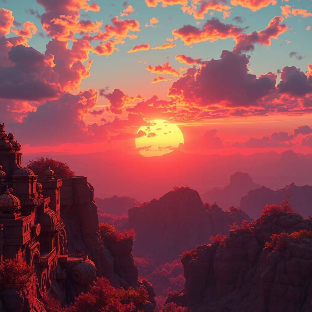 Surreal Sunrise in Opulent, Futuristic Style