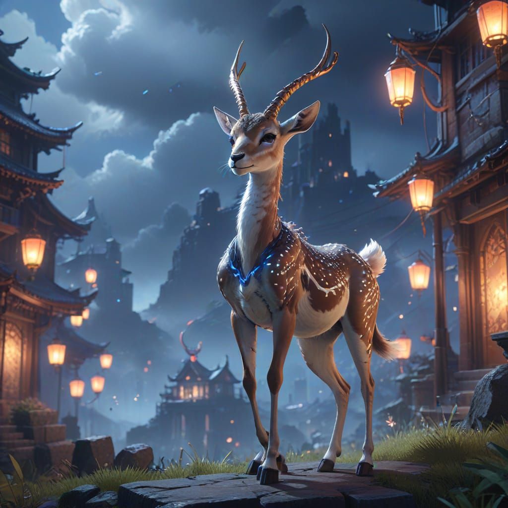 Surreal Mystic Cityscape with Wandering Gazelle in Vibrant A...