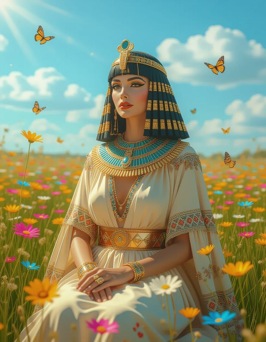 Cleopatra in Flower Meadow with Duck