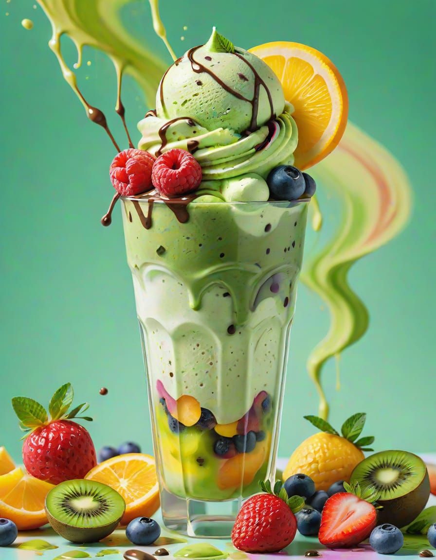 Matcha Green Tea Parfait with Fruits in Watercolor Style