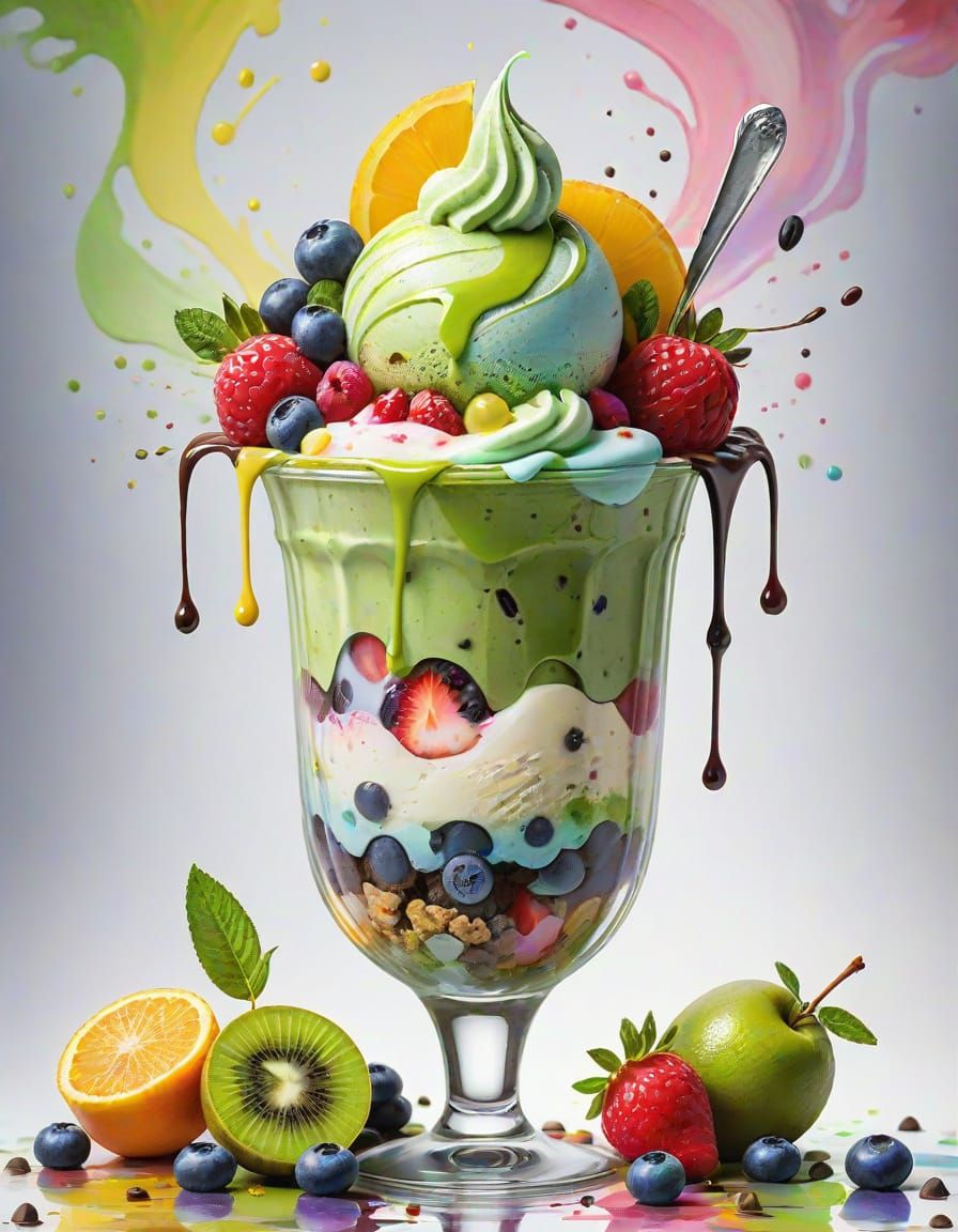 Matcha Parfait with Fruits as Watercolor Splash Art