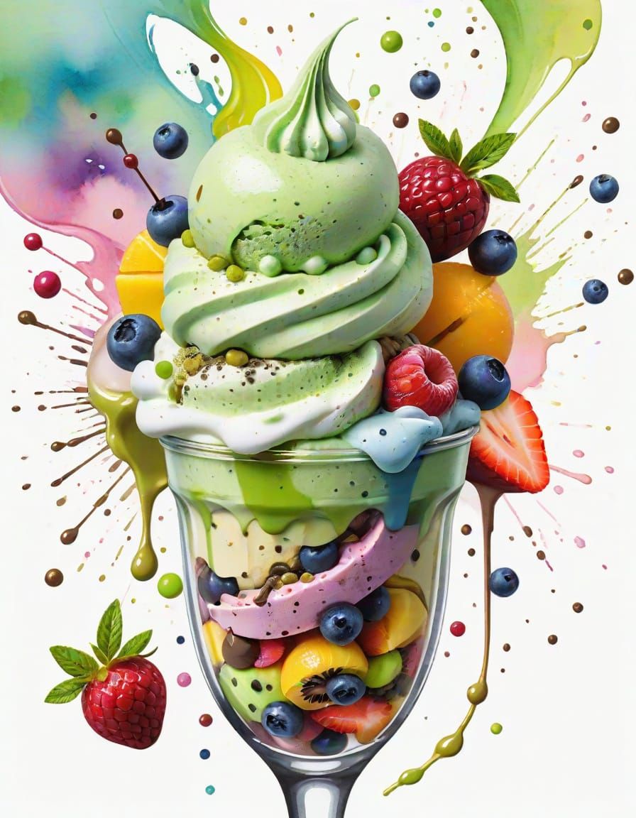 Matcha Ice Cream Parfait in Watercolor Style