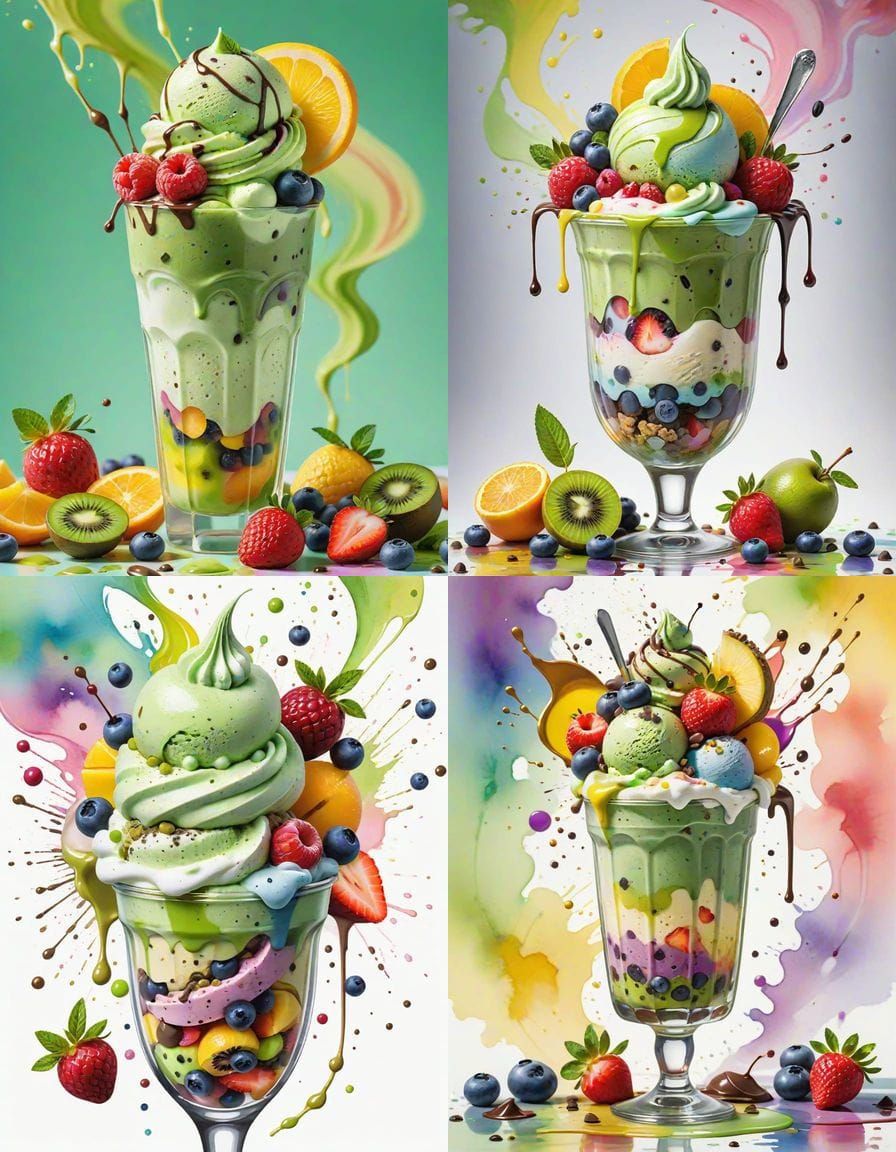 Matcha Parfait with Fruits in Watercolor Style