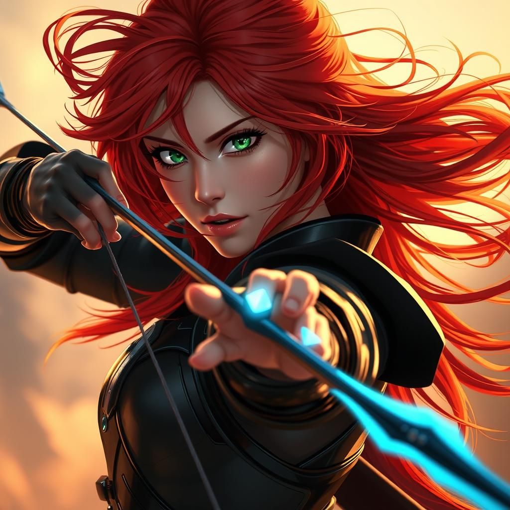 Red-Haired Archer Draws Ethereal Bow in Anime Style