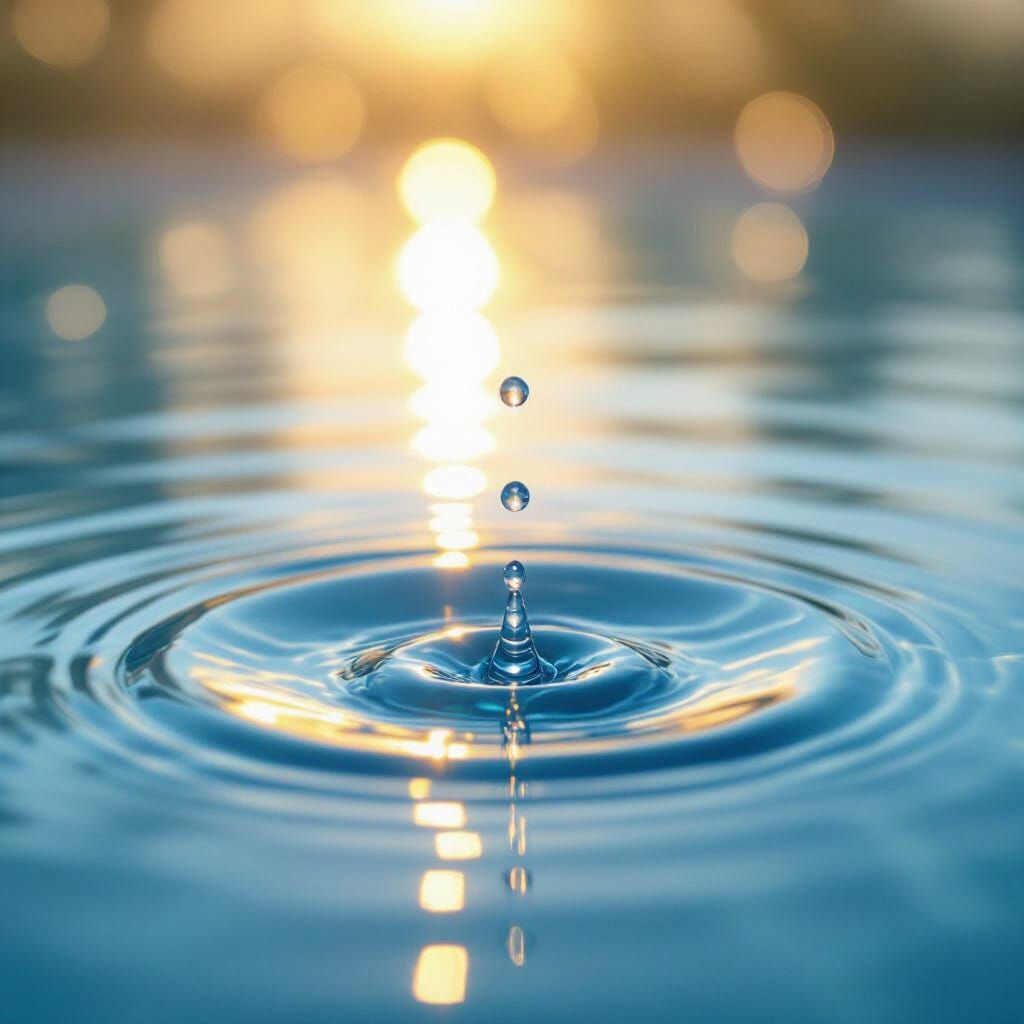 Water Droplet Impact in Golden Light, Photorealistic