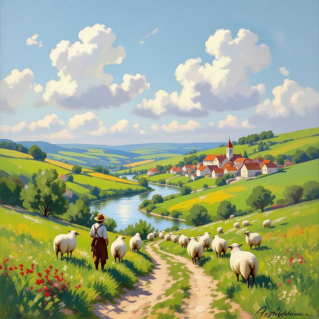 Vibrant Impressionist Pastoral Landscape with Village and Sh...
