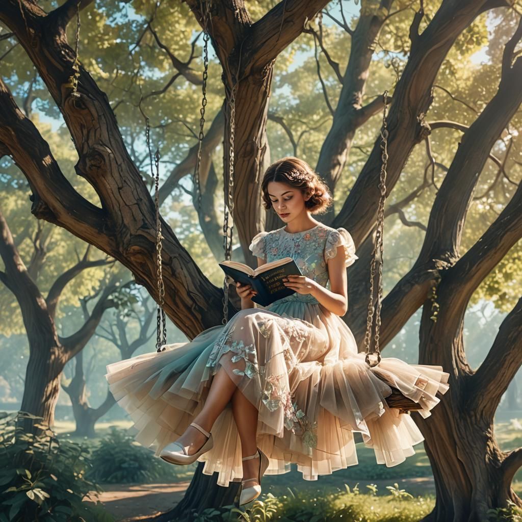 Ethereal Woman Reading on a Swing in Summer