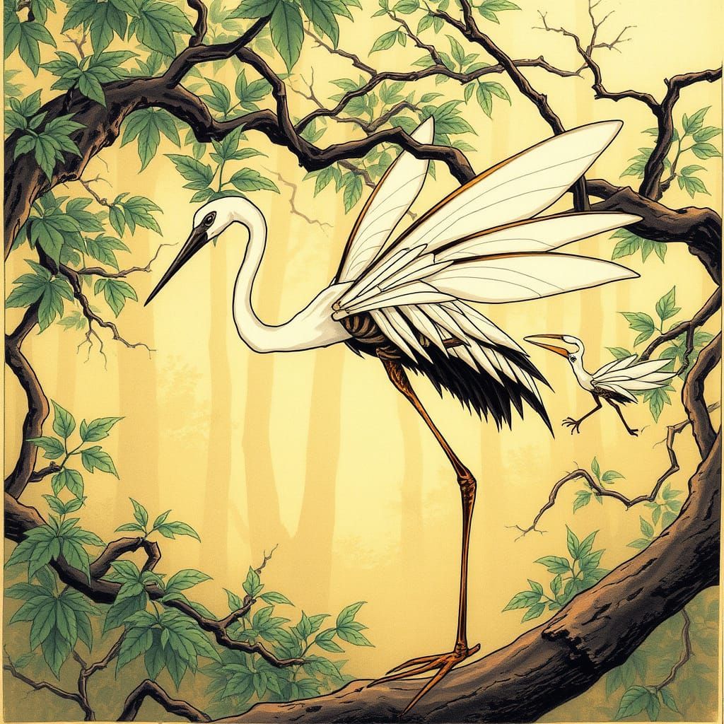Serene Crane-Insect Hybrid in Golden Forest