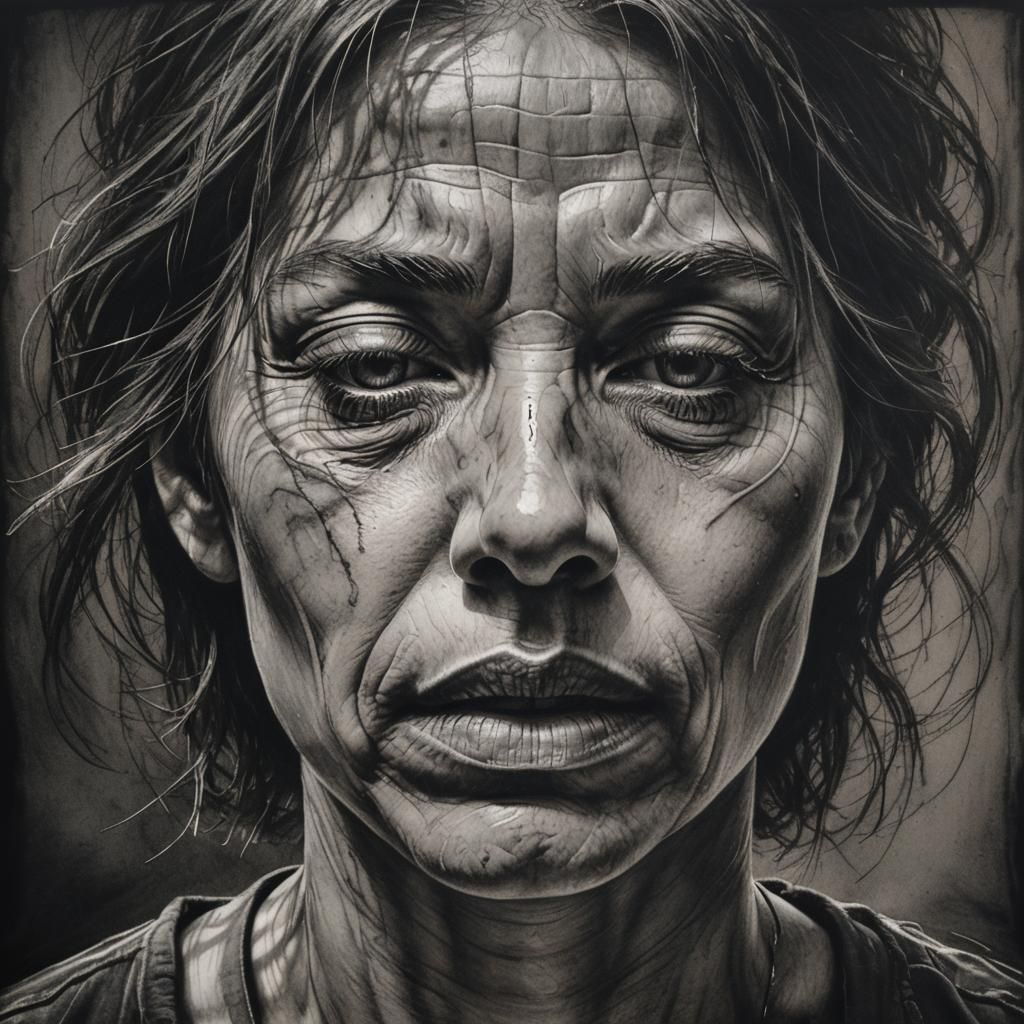Expressive Charcoal Portrait with Anxious and Calm Expressio...