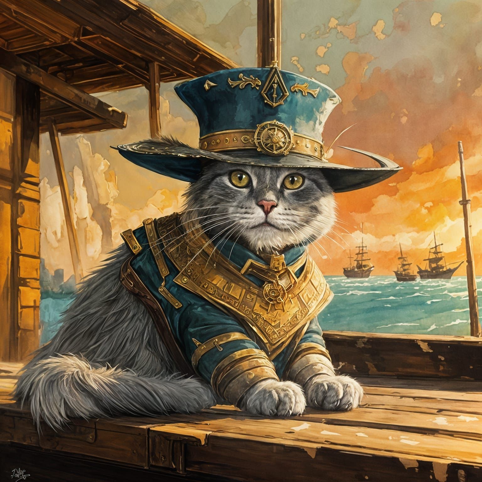 Anthropomorphic Corsair Cat on Deck in Gouache Style