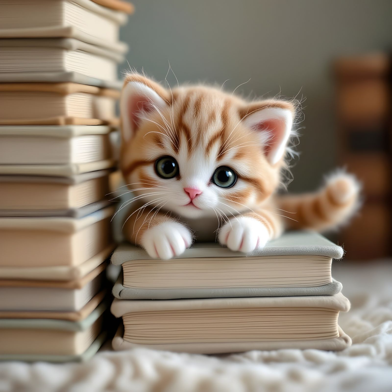 Shy Kitten Peeks From Behind Felted Books