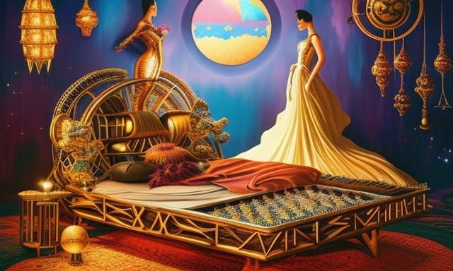 Steampunk Woman in Surreal Sun and Moon Bed