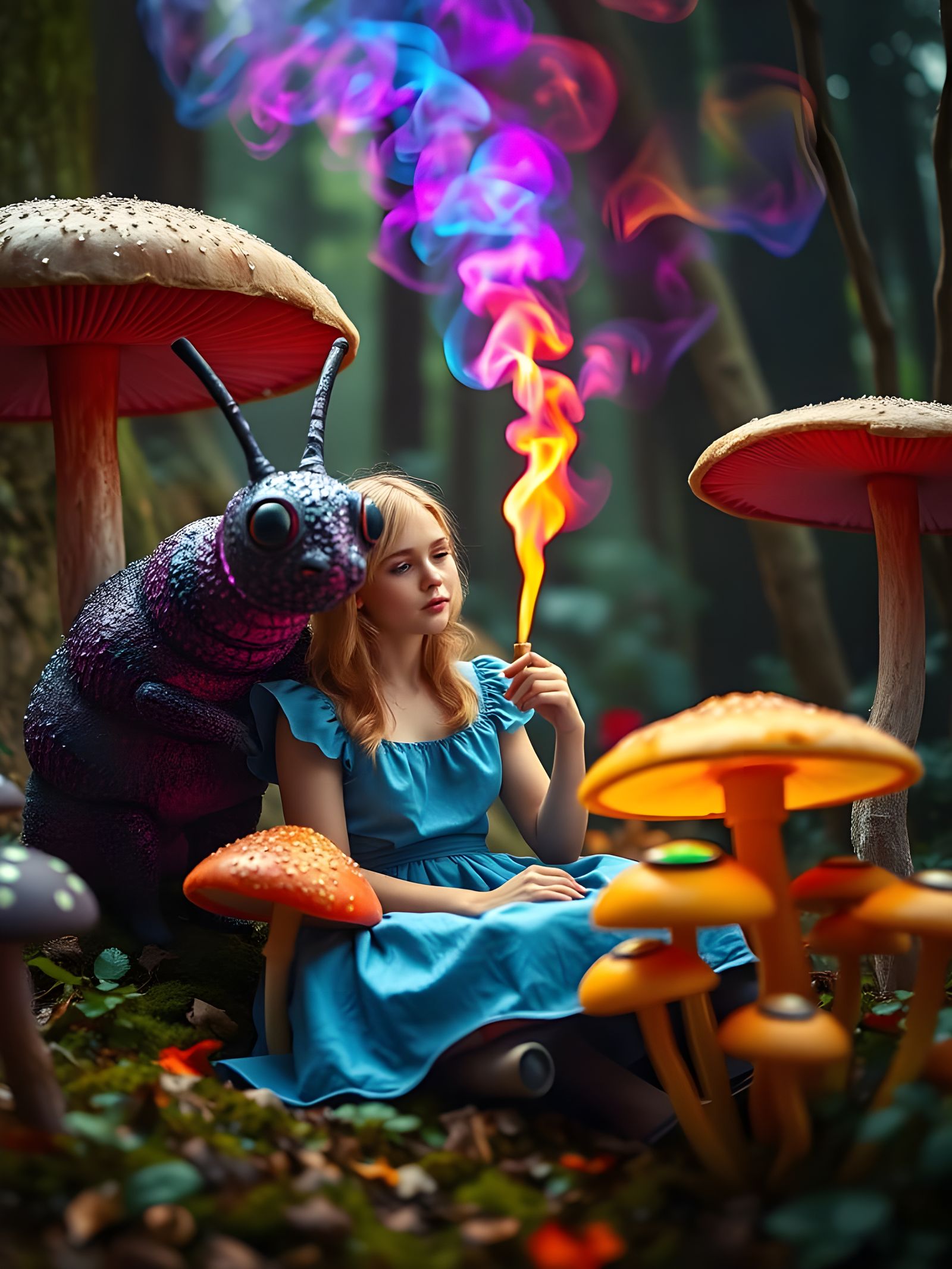 Alice and Caterpillar Share Shisha Among Mushrooms