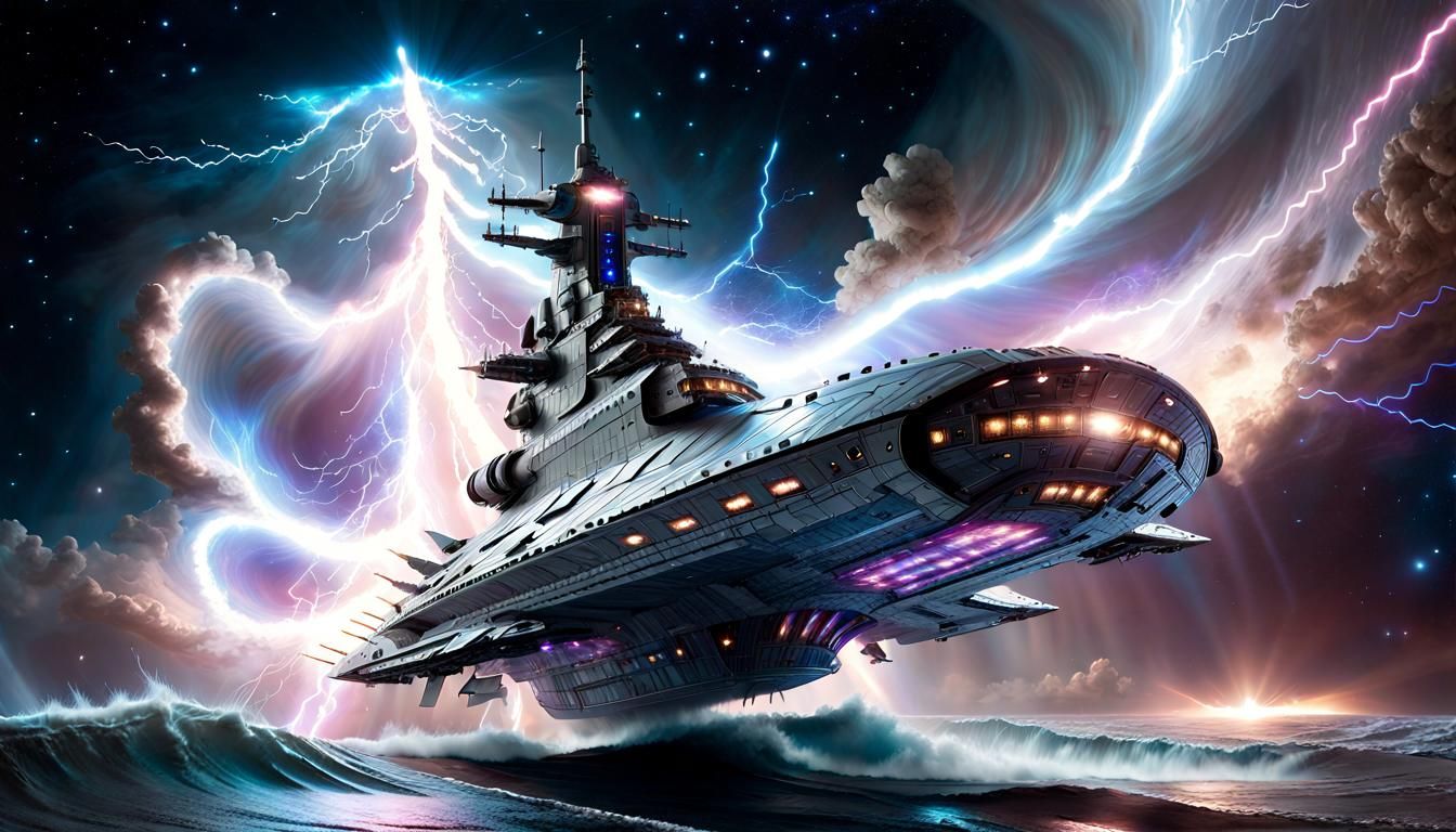 Futuristic Battleship Spacecraft in Magical Lightning Wave