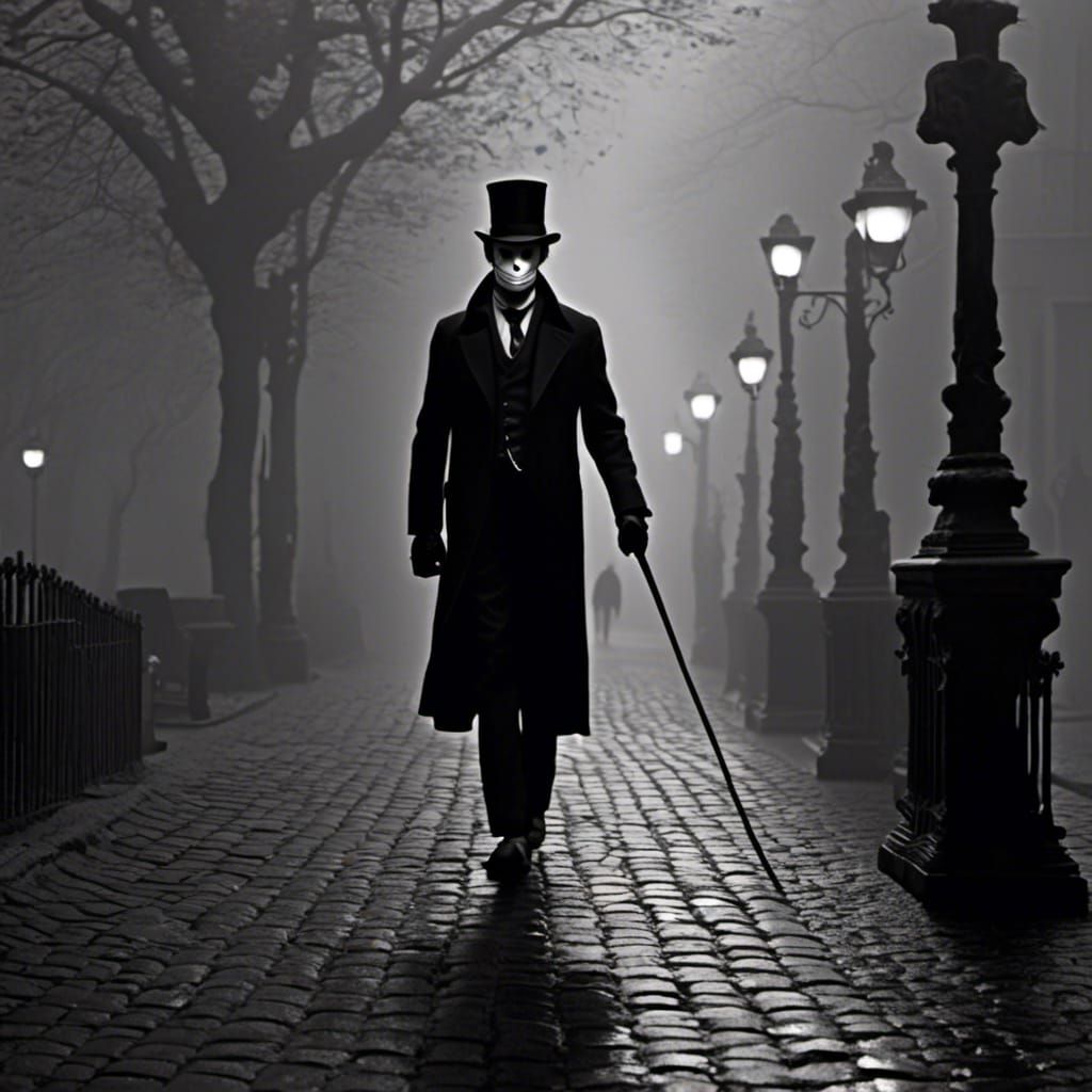 Film Noir Masked Man in Foggy Cityscape