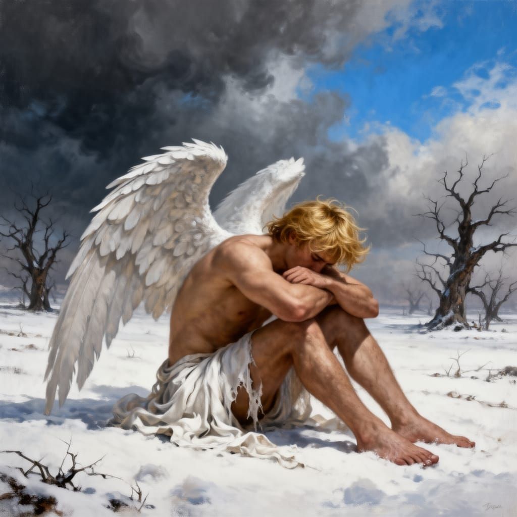 Melancholic Angel in Desolate Winter Landscape