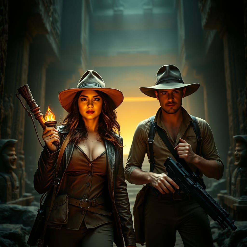 Explorers Discover Ancient Temple with Cinematic Lighting