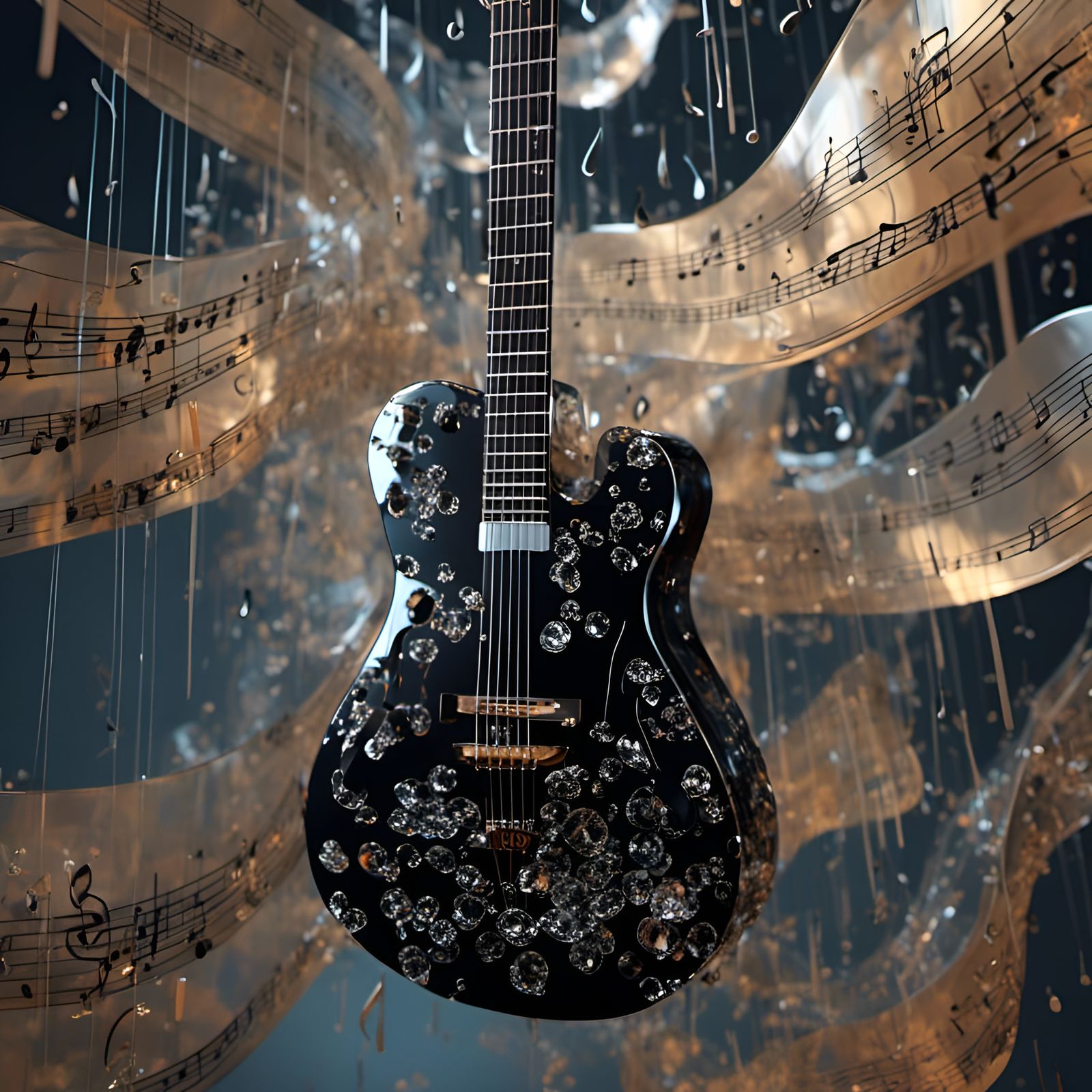 Crystal Guitar with Musical Notes in Splash Art