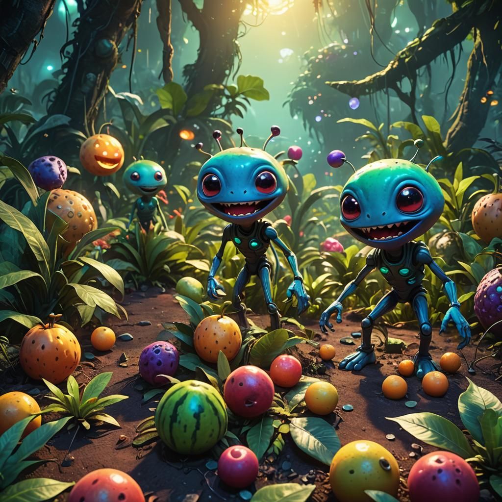 Smiling Alien Fruits in Jungle, Pixar-Style 3D Art