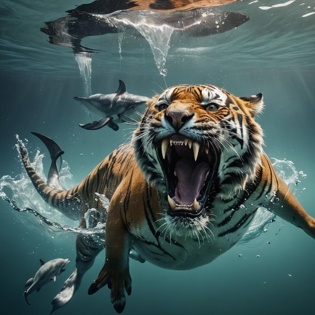 Underwater Tiger Attack: Realistic Cinematic Film Still