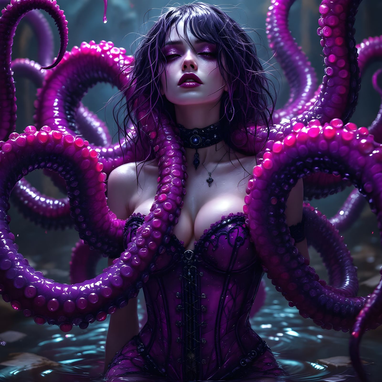 Surreal Gothic Goddess with Gnarled Tentacles and Dark Fanta...