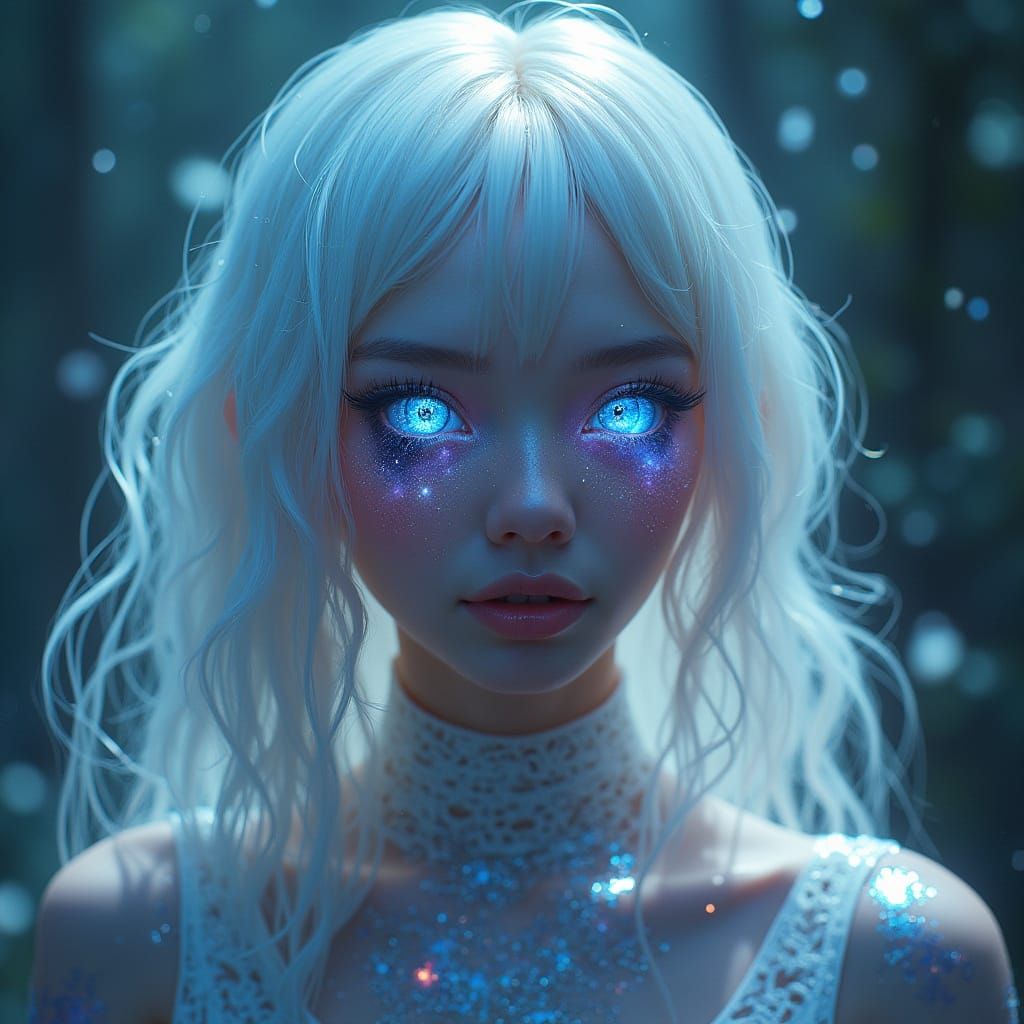 Surreal Figure with Galaxy Eyes and Radiant Light