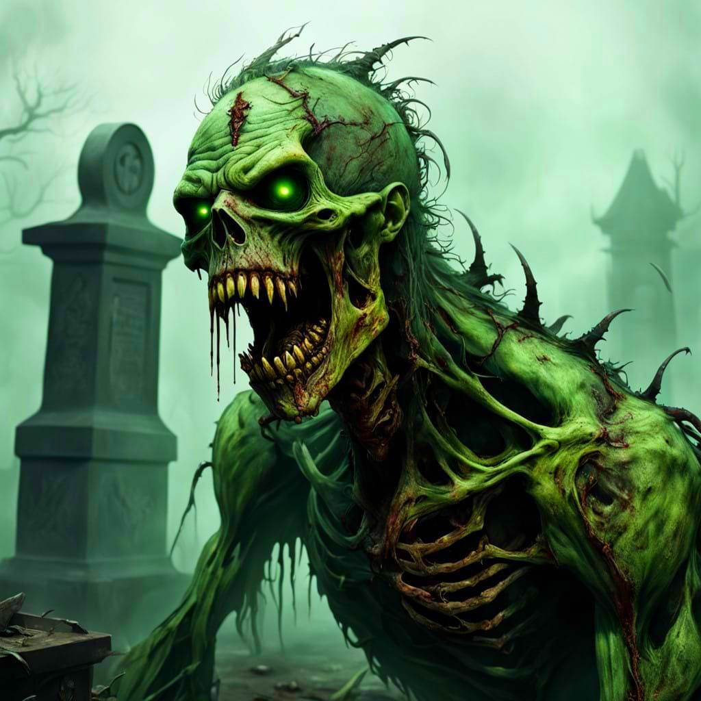 Decaying Zombie Emerges from Graveyard Fog