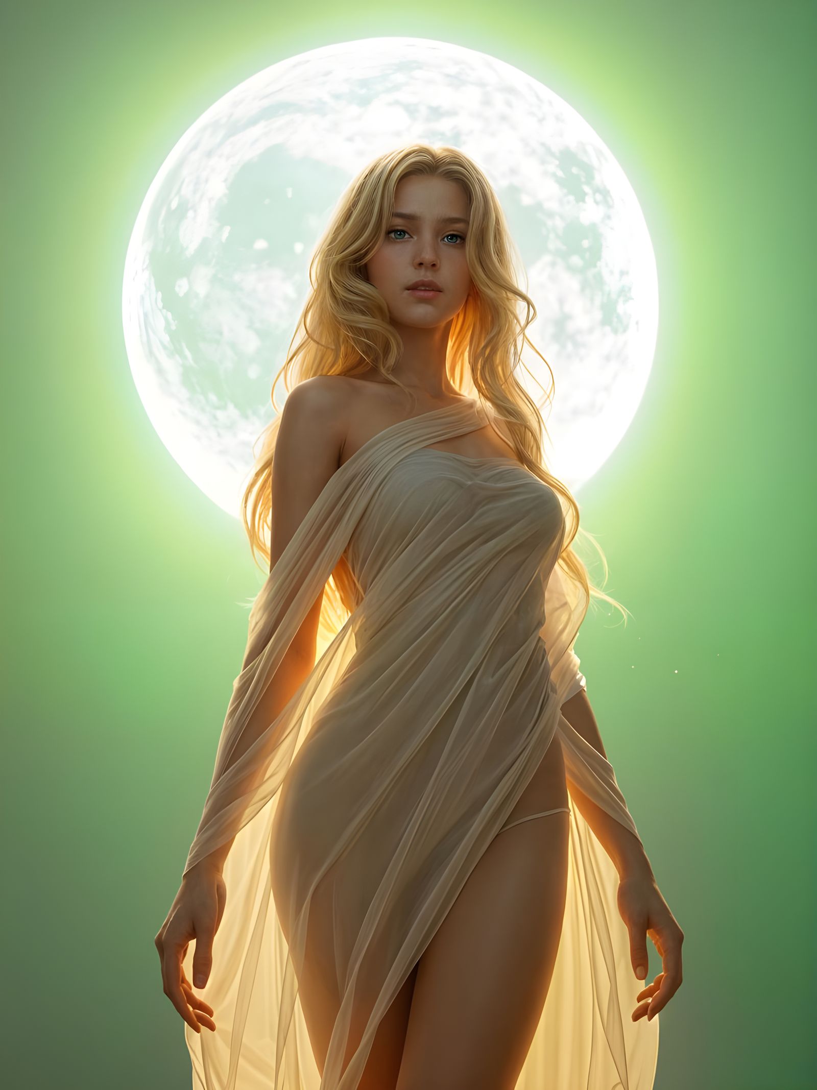 Gorgeous Blonde Woman in Front of a Green Sun