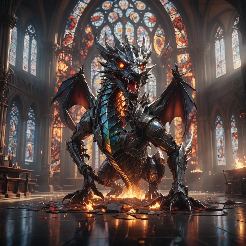 Futuristic Mechanical Dragon in Church, Sci-Fi Art