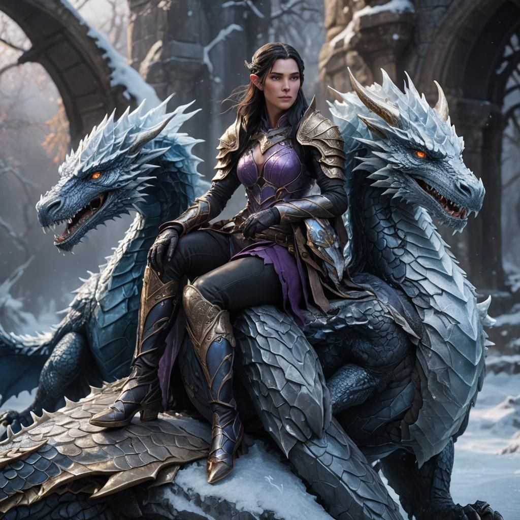 Elven Rogue Atop Ice Dragon: Dark Fantasy Art