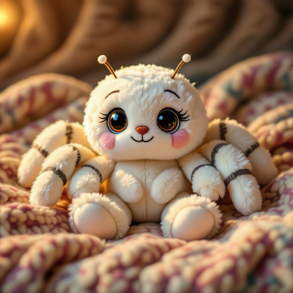 Adorable Plush Spider Stuffed Animal on Knitted Blanket