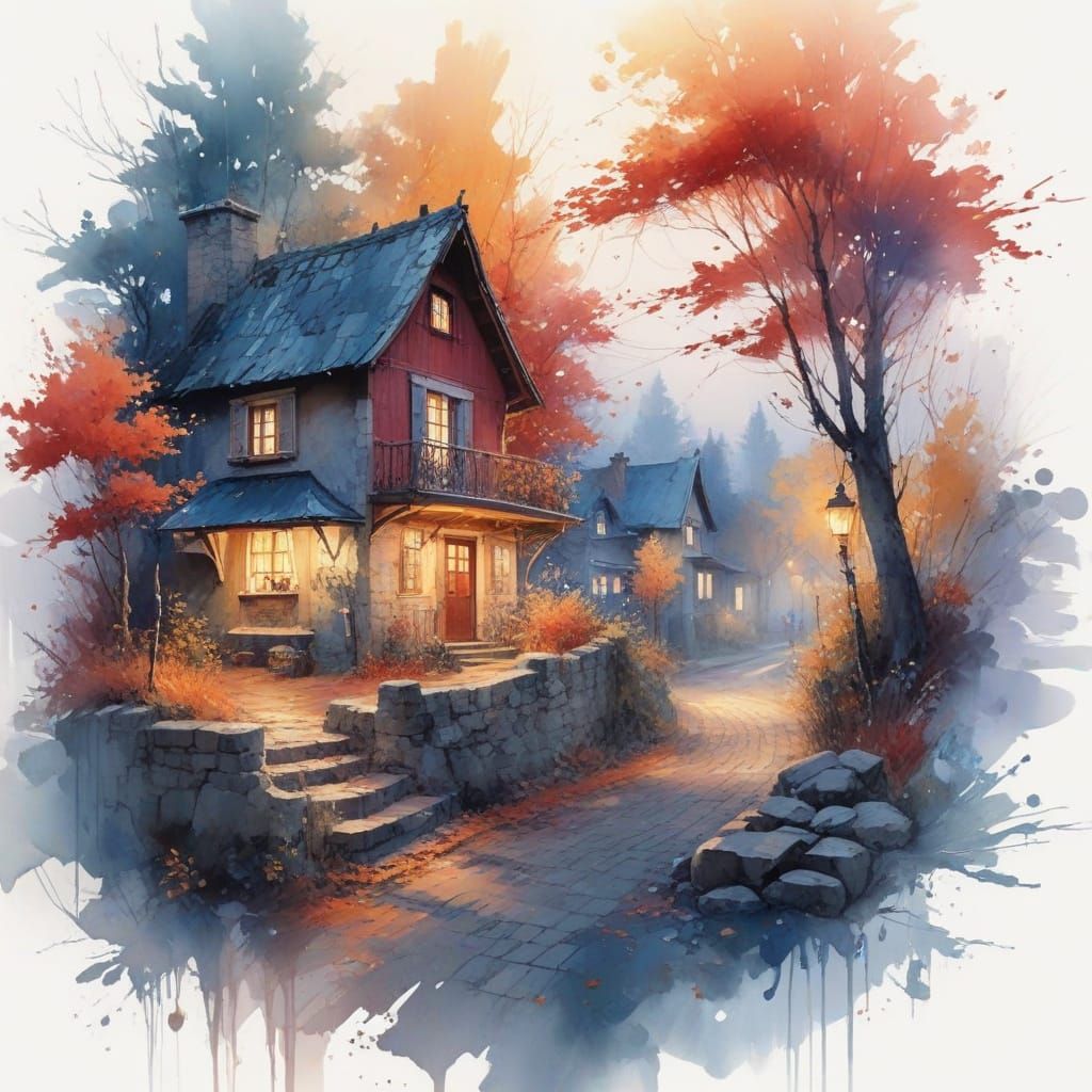 Autumn Village Scene in Watercolor Style