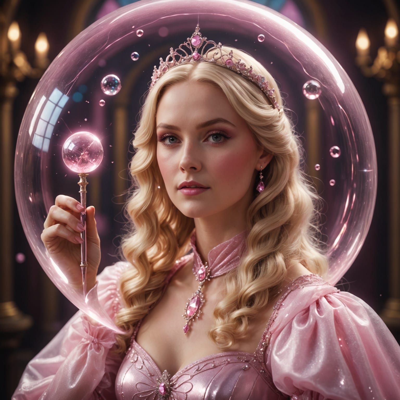 Glinda in a Whimsical Pink Bubble